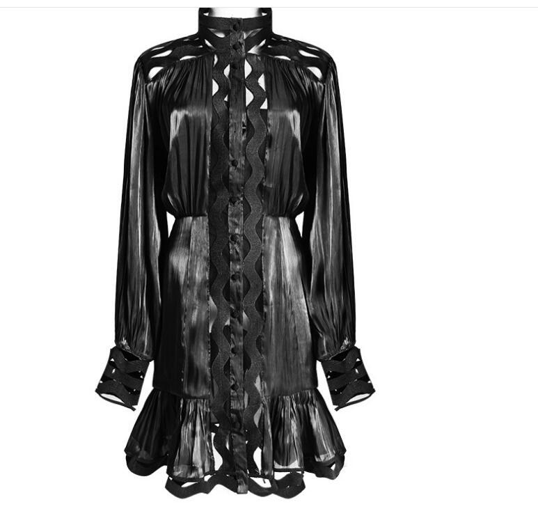 Korean version of the temperament solid color hollow wavy striped stand collar long-sleeved shirt fishtail dress