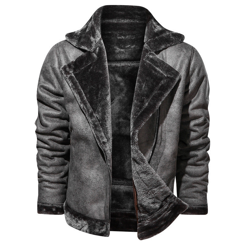 Winter lapel leather jacket plus velvet thick casual