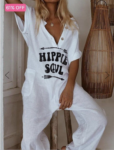 Women's Printed Lettered Casual Jumpsuit