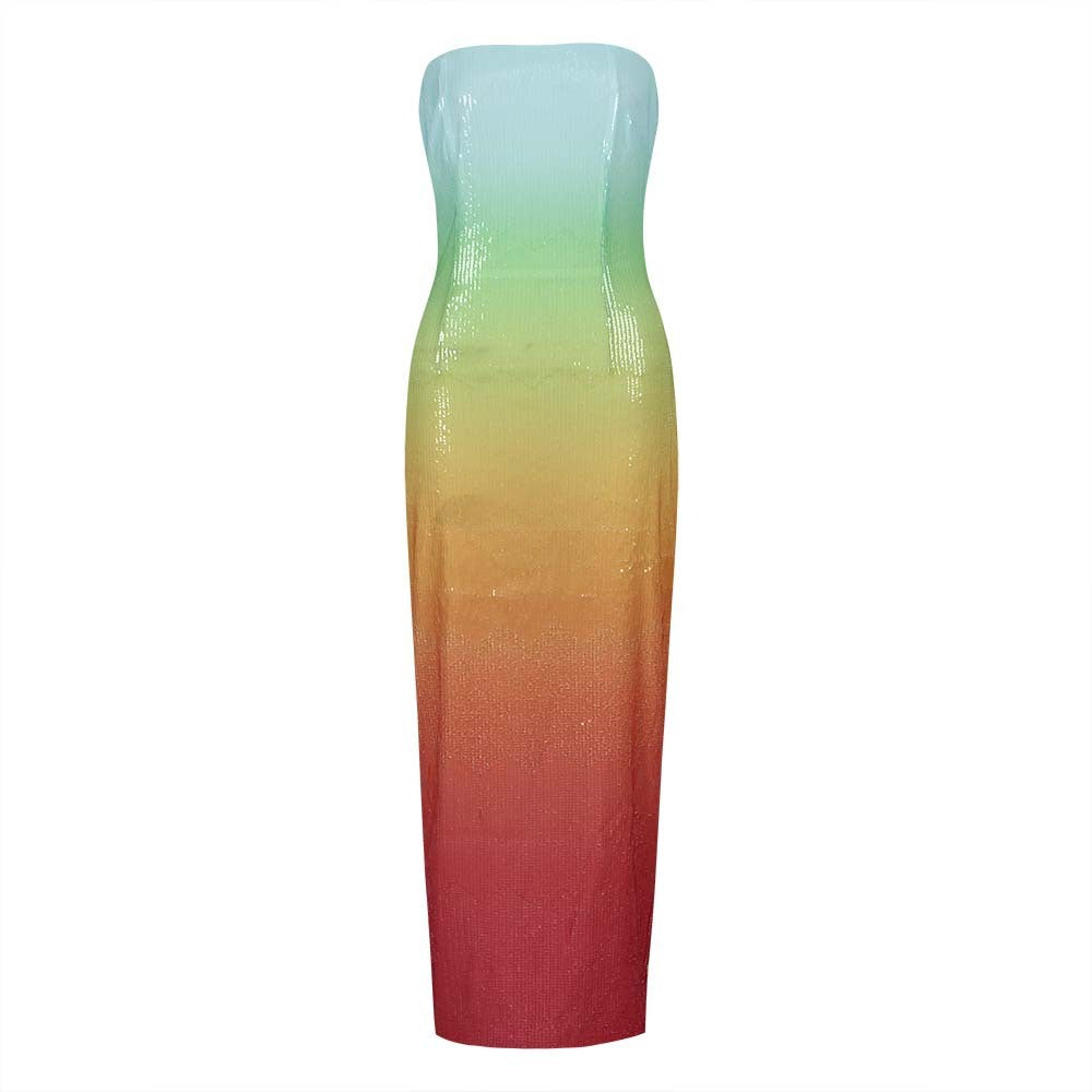 European And American Women's Clothing Fashion Sexy Figure Tube Top High Waist Gradient Color Dress Women