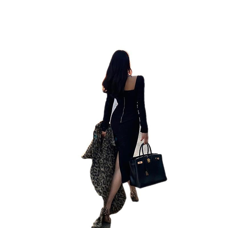 Vintage French Style Square Neck Long Sleeve Dress