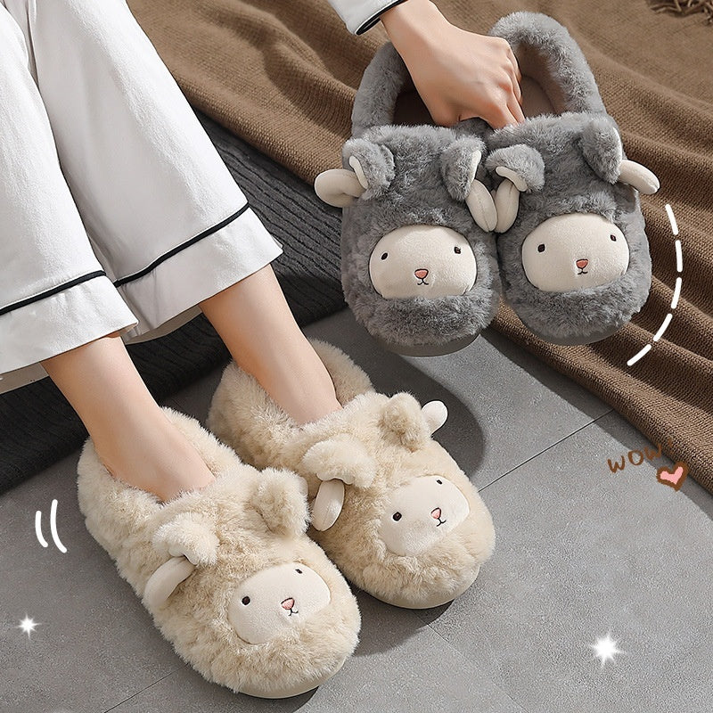 Cute Plush Thickened Ankle Wrap Cotton Slippers