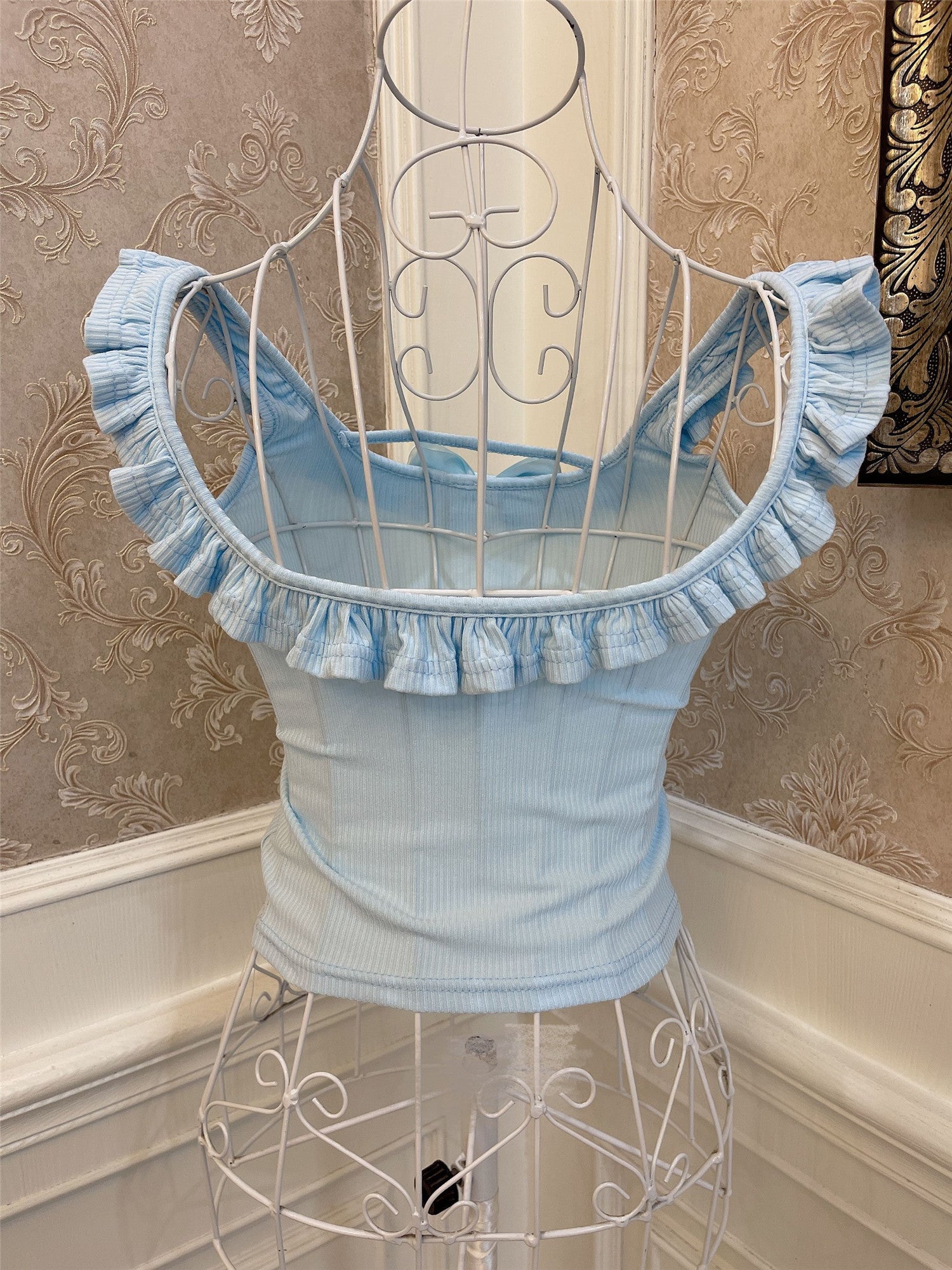 Cream Blue Bow Heart Diamond Slim Tank Top