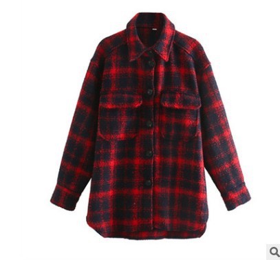 Fashion Ladies Plaid Loose Shirt Woolen Jacket