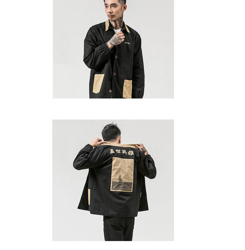 Autumn new men's printing casual large size jacket Chinese style retro buckle casual loose jacket