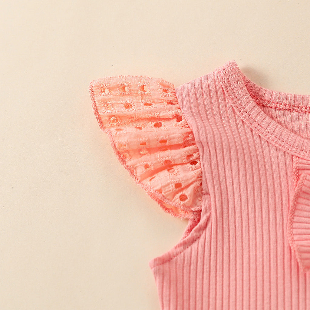 Girls' Flounced Sleeve Buttons Sunken Stripe Cotton Shorts Suit