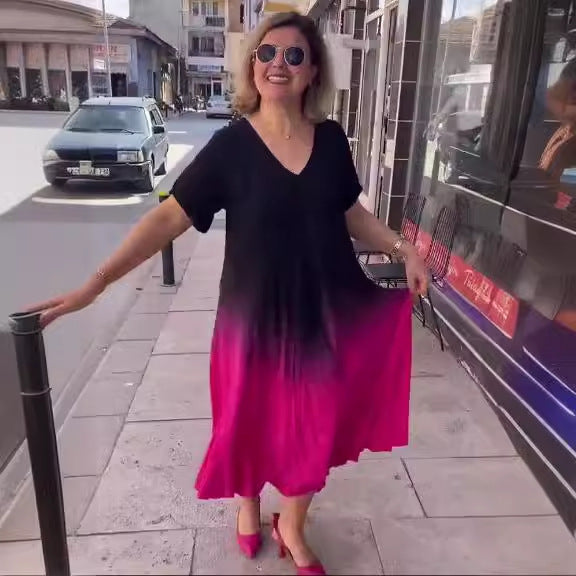 Comfortable Pleated Gradient Color Dress