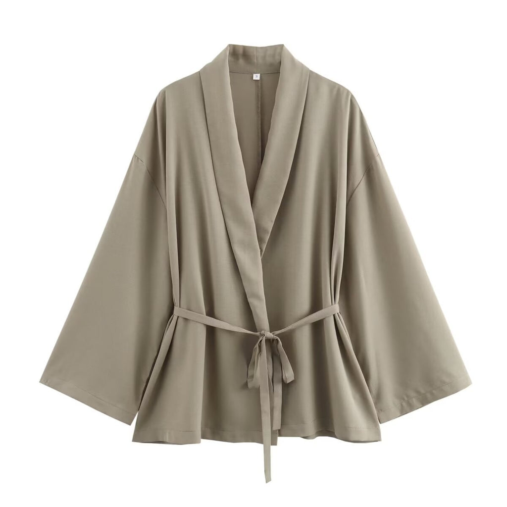 Texture Double Breasted Kimono Top Drawstring Pants Suit