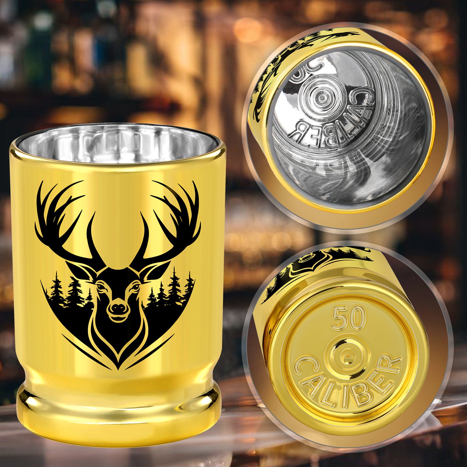 2pcs  50 Caliber Deer Head Golden Plastic Wine Glasses With Gift Box - Leak Proof, Reusable - Stylish Animal Print Design, Suitable For Whiskey, Tequila, Etc