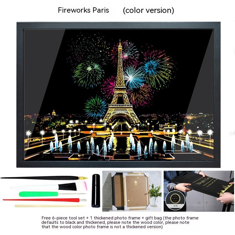 Colourful City Night Scene Hand Scratch Painting