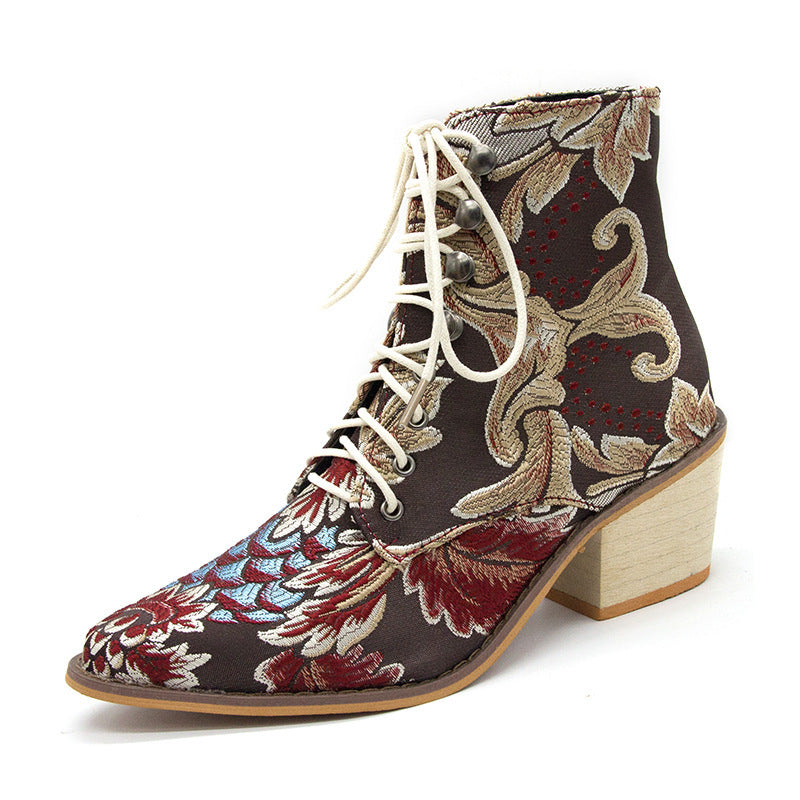 Ethnic Style Pointed Thick Heel Lace Embroidered Short Boots Women
