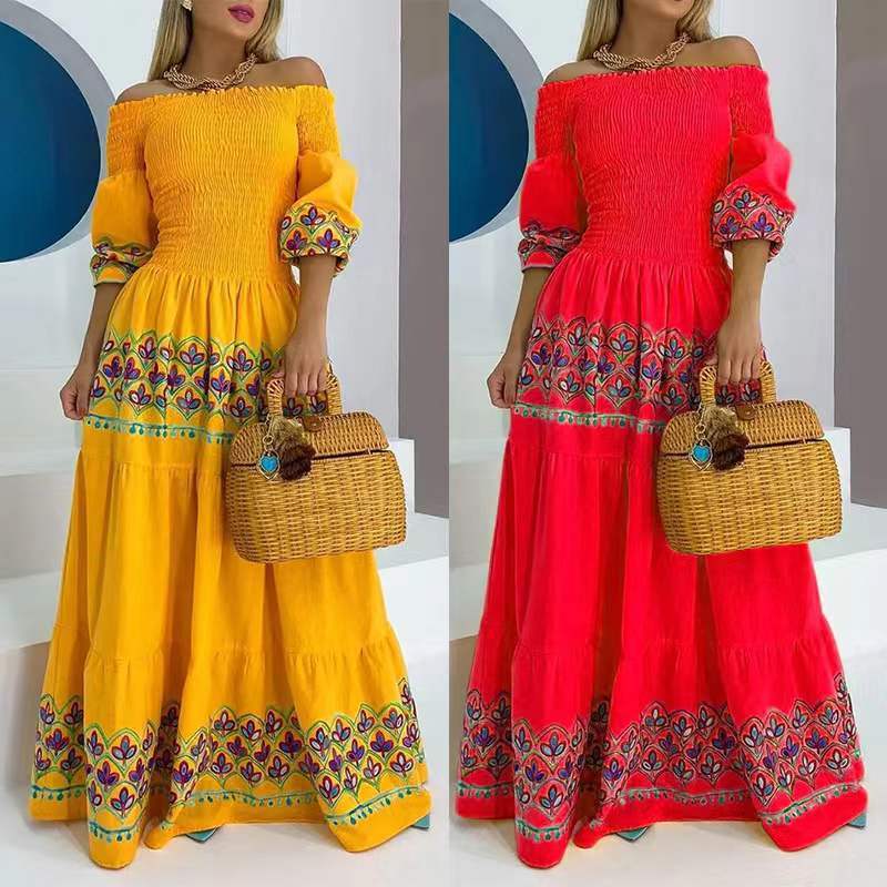 High Waist Temperament National Style Printed Strap Type Loose Yellow Dress
