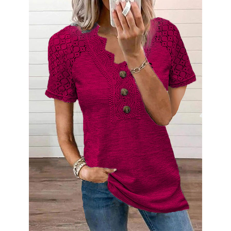 Casual Solid Color Lace V-neck Patchwork Top T-shirt With Short Sleeves