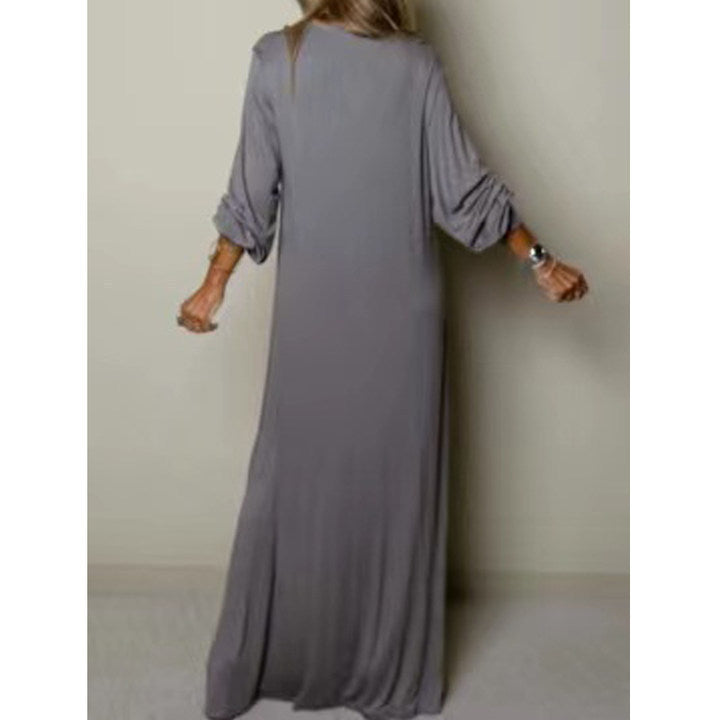 Cross-border Amazon Hot Sale Ladies Casual Robe Plain Long Sleeve Split Dress
