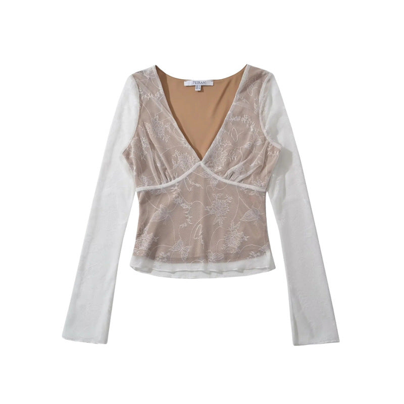 Deep V-neck Long Sleeve Lace Stitching Sheer Long Sleeve Top Low Waist Irregular Skirt Suit