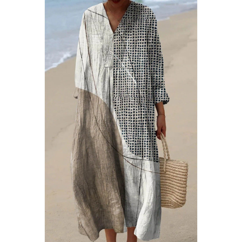 European And American Loose Fashion Advanced V-neck Printing Dress