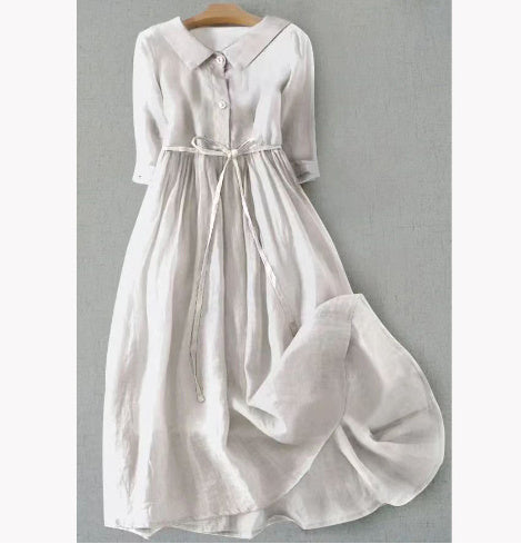 Women's French Retro Cotton And Linen Pleated Lace-up Skirt Dress