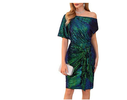 Women's Fashion Shoulder Asymmetric Lace-up Beaded Dress