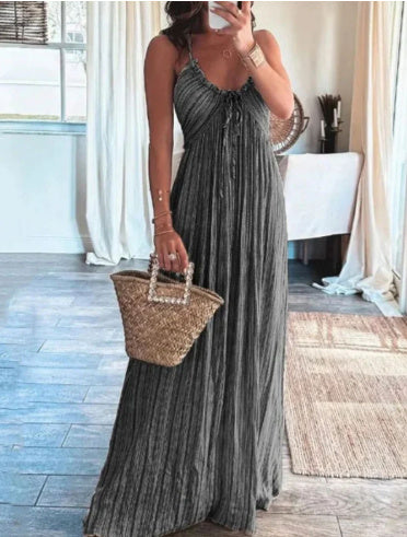 Summer New Solid Color Sexy Backless U-neck Strap Back Dress