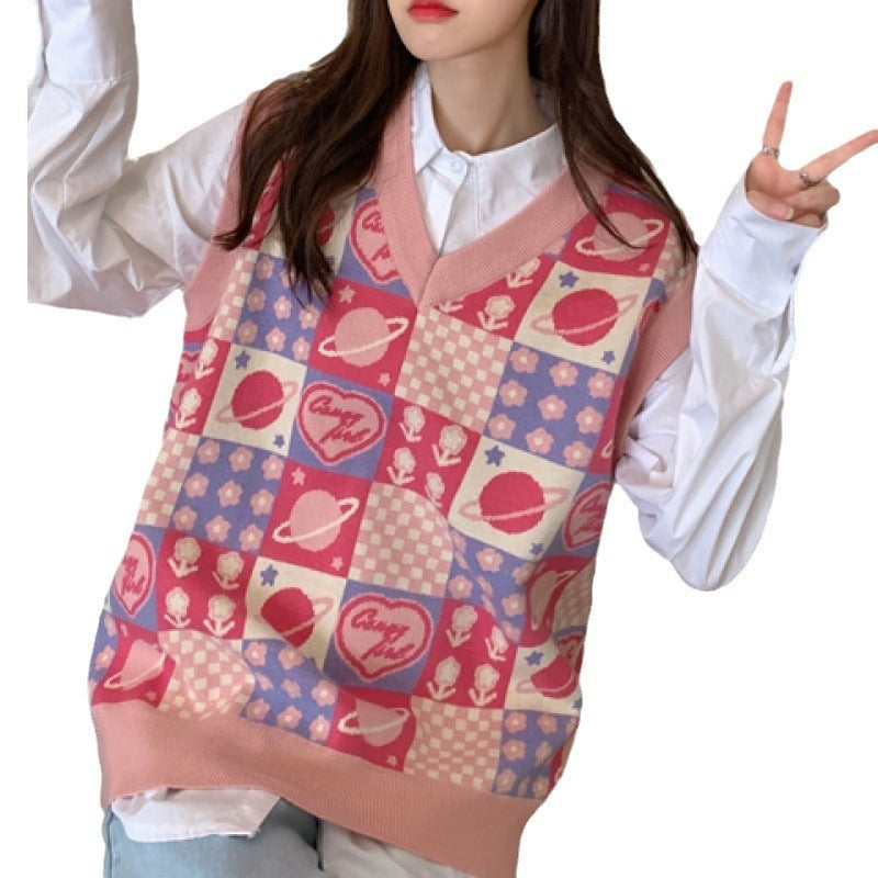 Women's Fashion Chessboard Plaid Vest Knitted