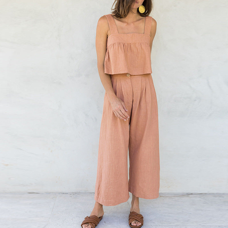 Women's Summer New Square Collar Strap Backless Special-interest Design Short Overall Dress Set