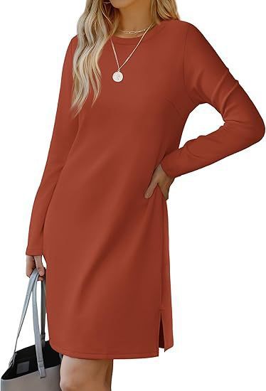 European And American Round Neck Slit Hemline At Hem Sweater Long Sleeve Casual Dress