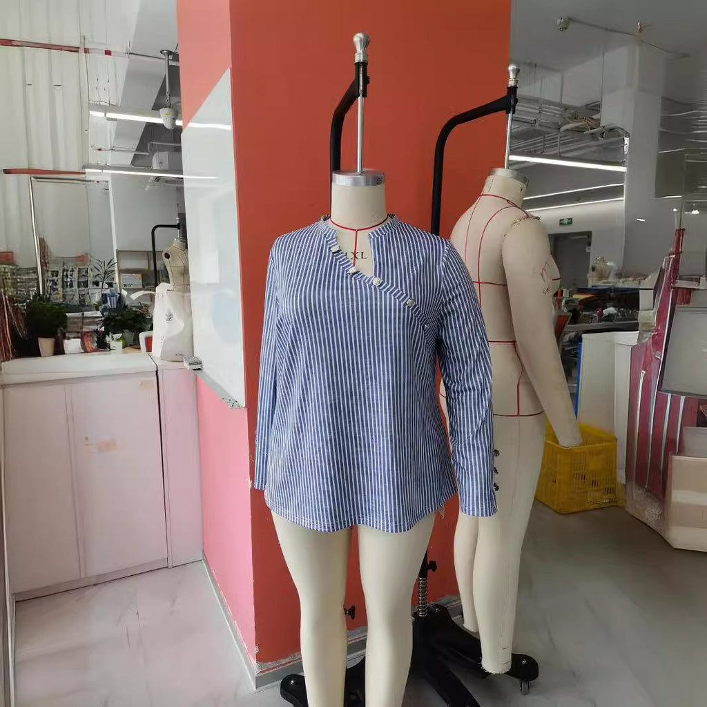 Women's Striped Button Printed Long Sleeve Plus Size Shirt