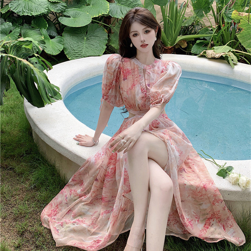 Artistic Print Aesthetic Atmosphere Design Sense Waist Long Dress