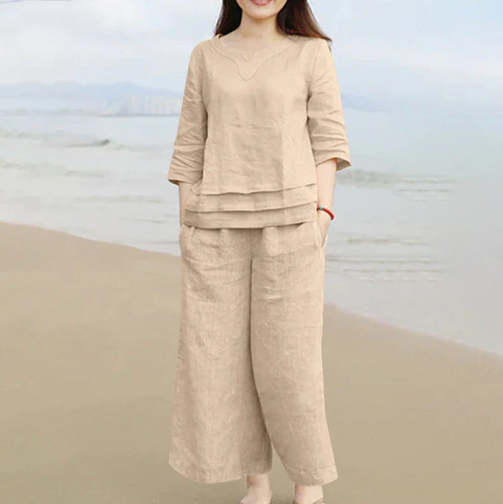 Casual Women Loose Solid Color Shirt Trousers Suit