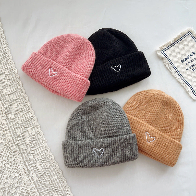 Heart Embroidery Solid Color Children Woolen Knitted Hat