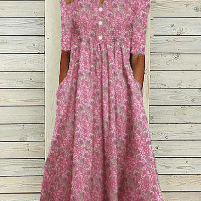 Casual Flower Print Pocket Pleated V-neck Button Dress