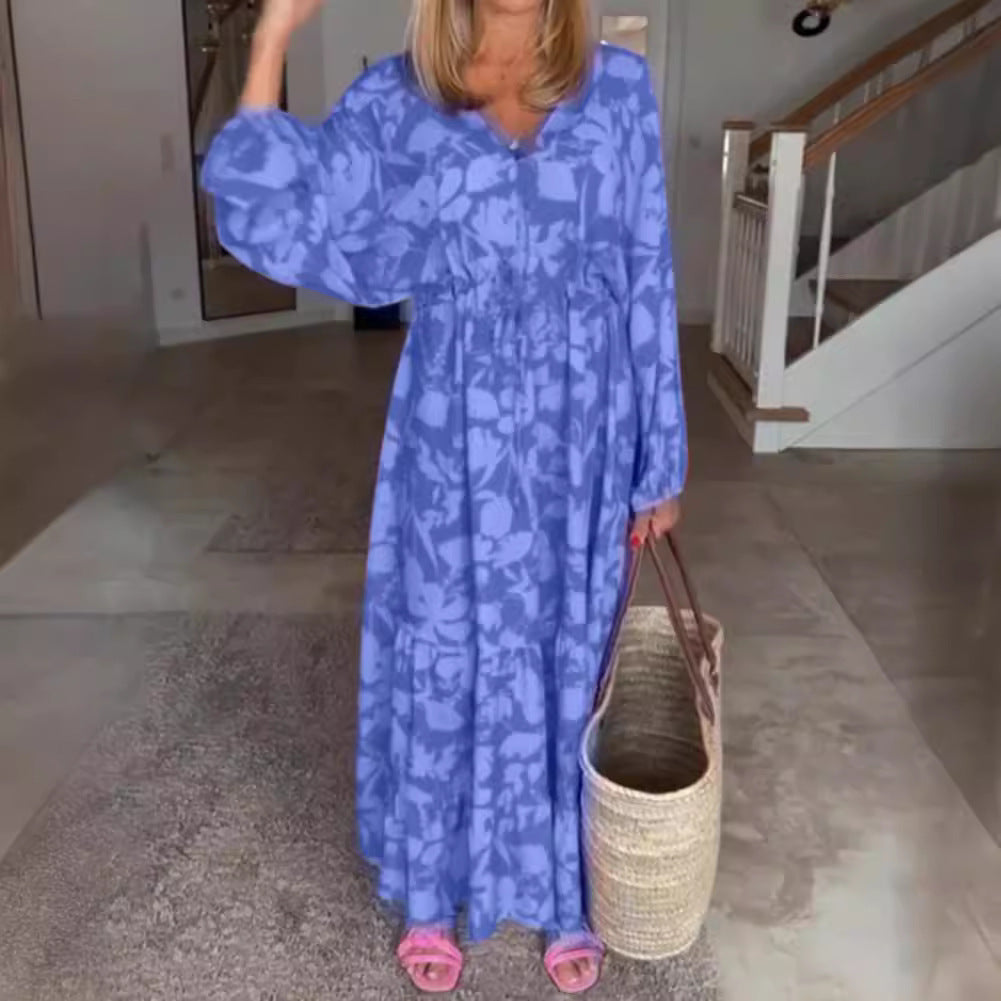 Women's Fashion All-matching Slimming V-neckline Long Sleeve Dress With Prints