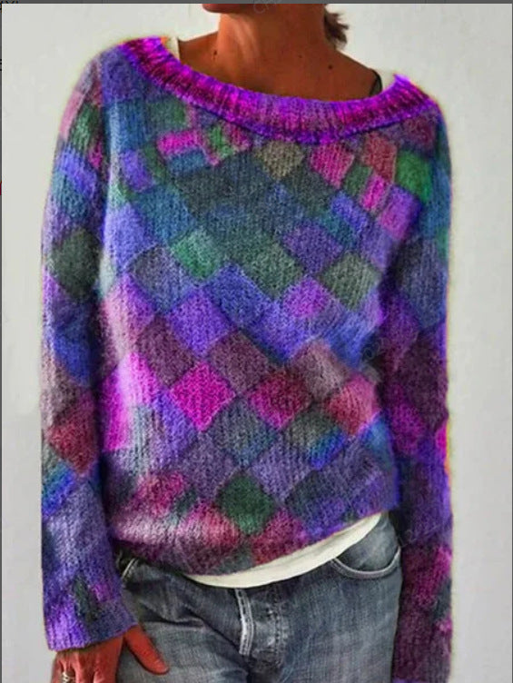 Printed Long Sleeve Collar Sweater Women's Polyester Multi-color Retro