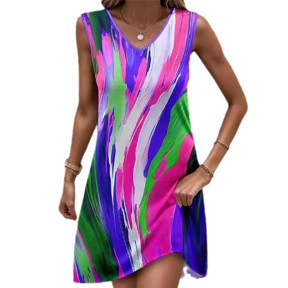 Women's Printed Sleeveless V-neck Vest Skirt Fashion
