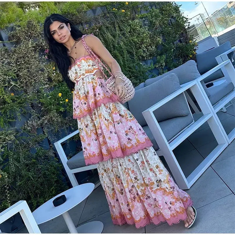 Ruffled Printed Sleeveless Backless Slip Dress