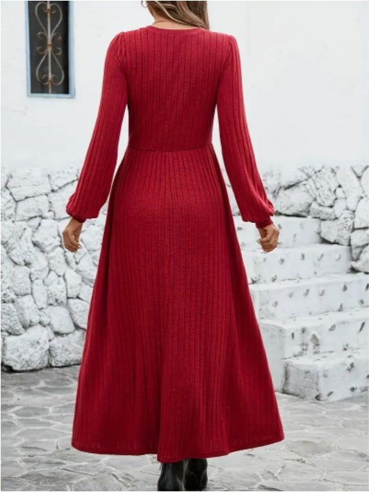 Elegant Maroon Ribbed Midi Dress For Women With Lantern Sleeves