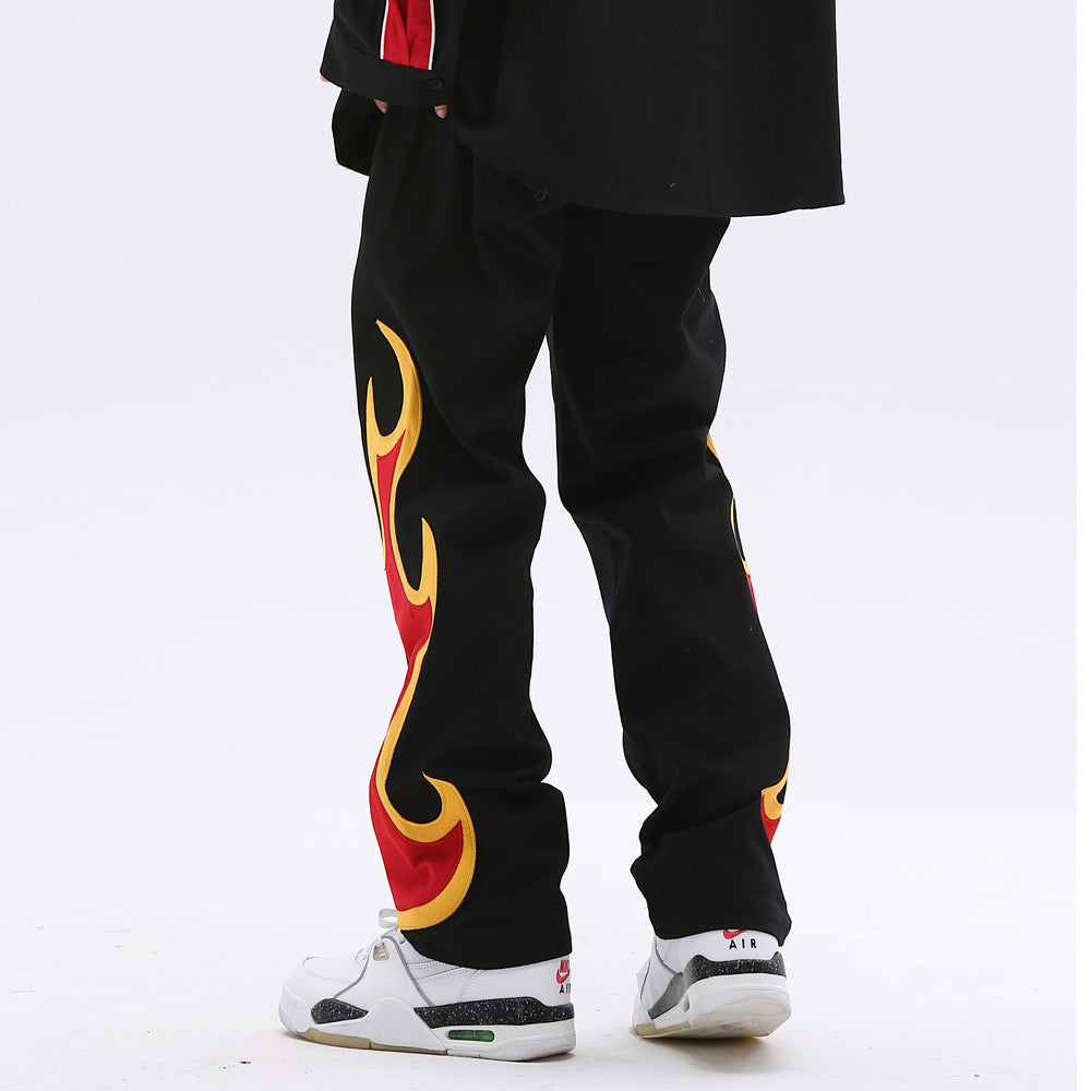 Embroidered Flame Casual Straight Pants