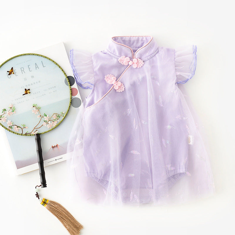 Baby Girl's Antique Style Buckle Mesh Feather Triangle Rompers Infant Onesie Dress