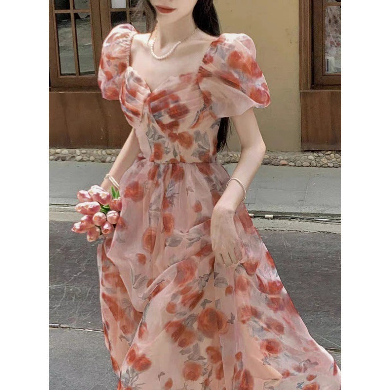 Square-neck Cinched Slimming Floral Dress