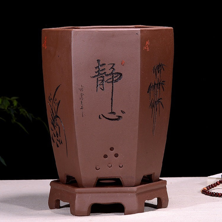 Fine Zisha Flowerpot Hand-carved Hexagonal