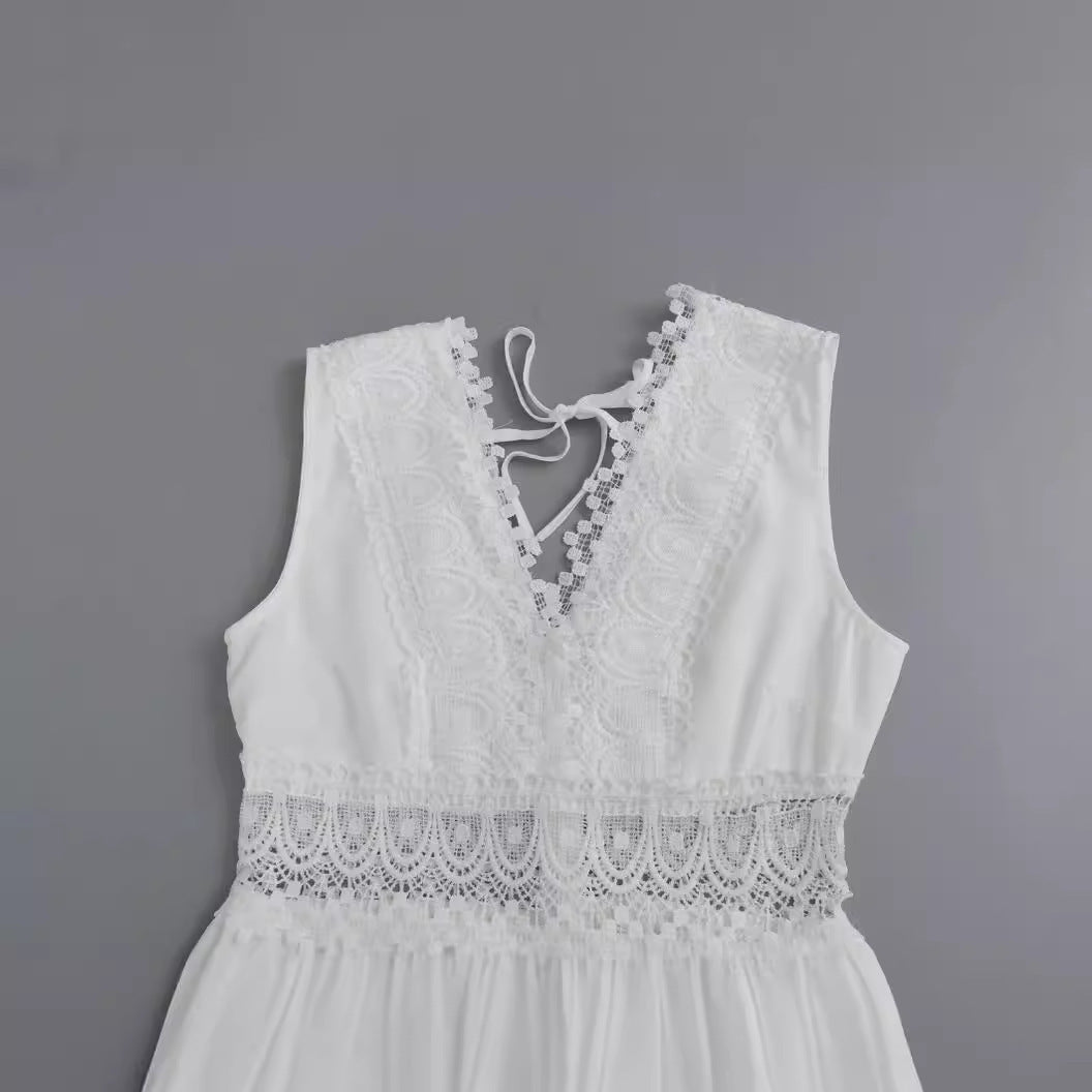 Women's Spring Fashion Simple Lace Stitching White Dress