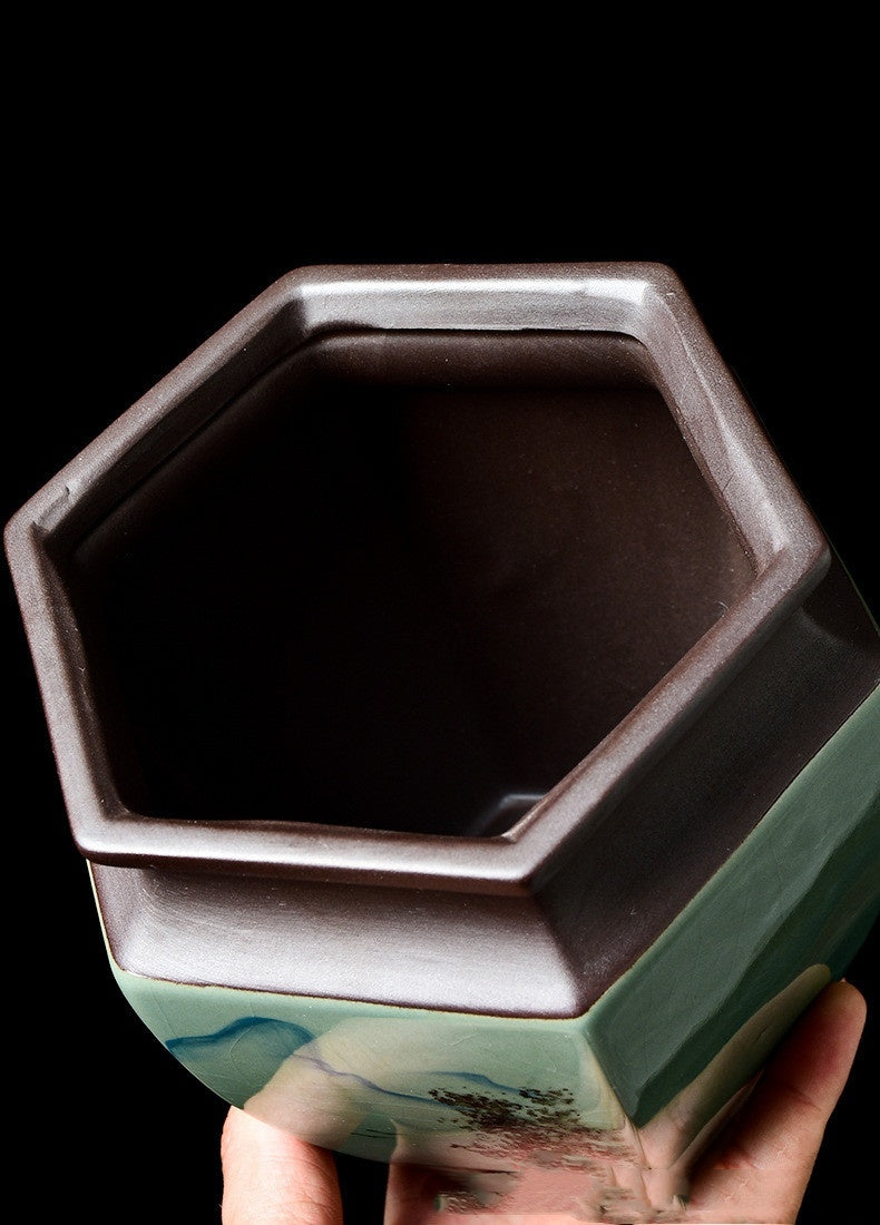 Celadon Hand Painted Ceramic Hexagonal Green Plant Pot