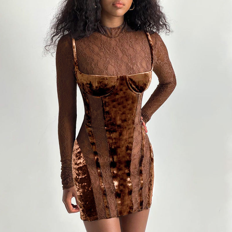 Slim Fit Diamondmax Velvet Lace Hollow Long Sleeve Dress