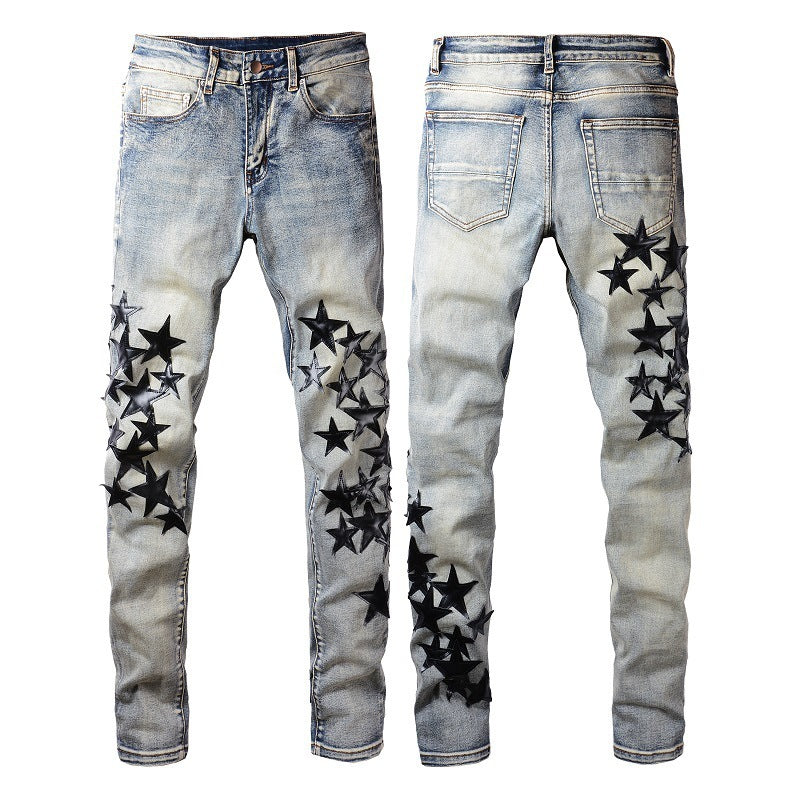 High Street Blue Five-pointed Star Stretch Slim Jeans