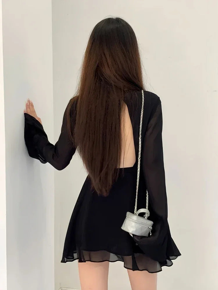 Black Backless Temperament Skirt Waist-controlled Long Sleeves Design Skirt