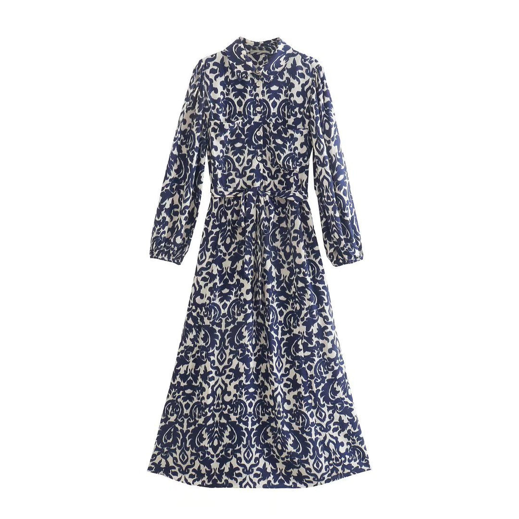 New Women's Stand Collar Printed Long Sleeve Waist-controlled Lace-up Dress