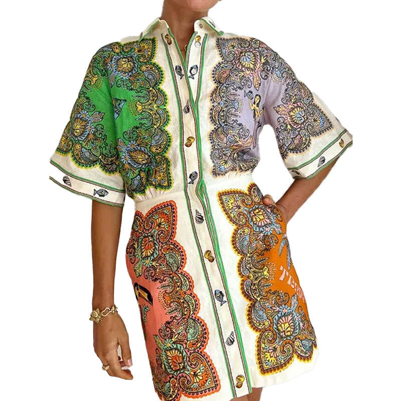 European And American Lapel Single Breasted Printed Long Sleeve Casual Dress