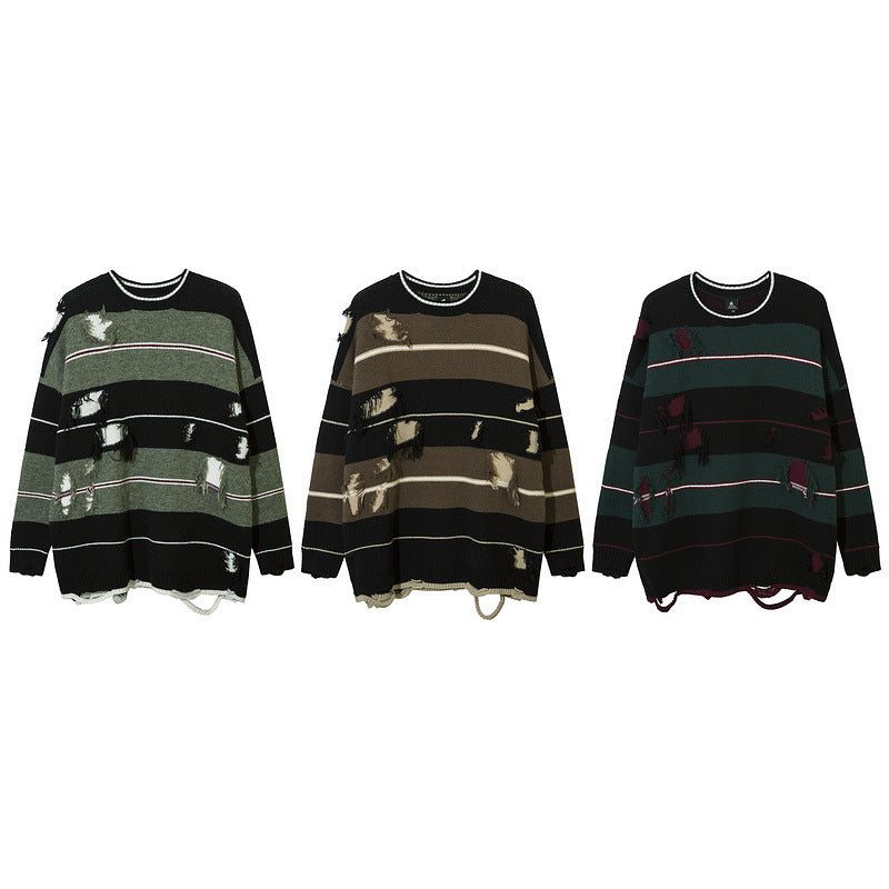 American High Street Dark Ripped Knitted Striped Sweater