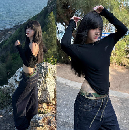 Camouflage Stitching Double Waist Pants Bandage Dress Crack Faded Retro Straight Loose Casual Pants