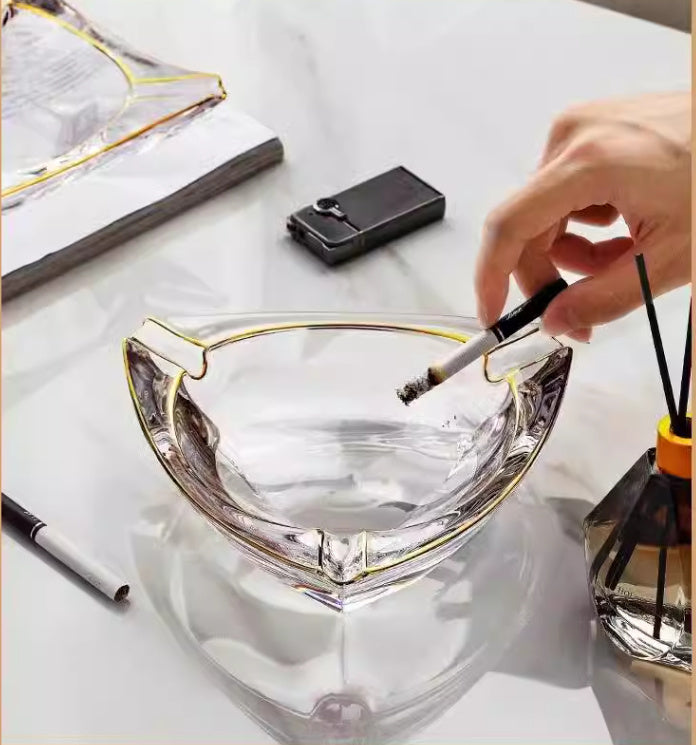 Crystal Glass Gold Rim Ashtray Prevent Fly Ash
